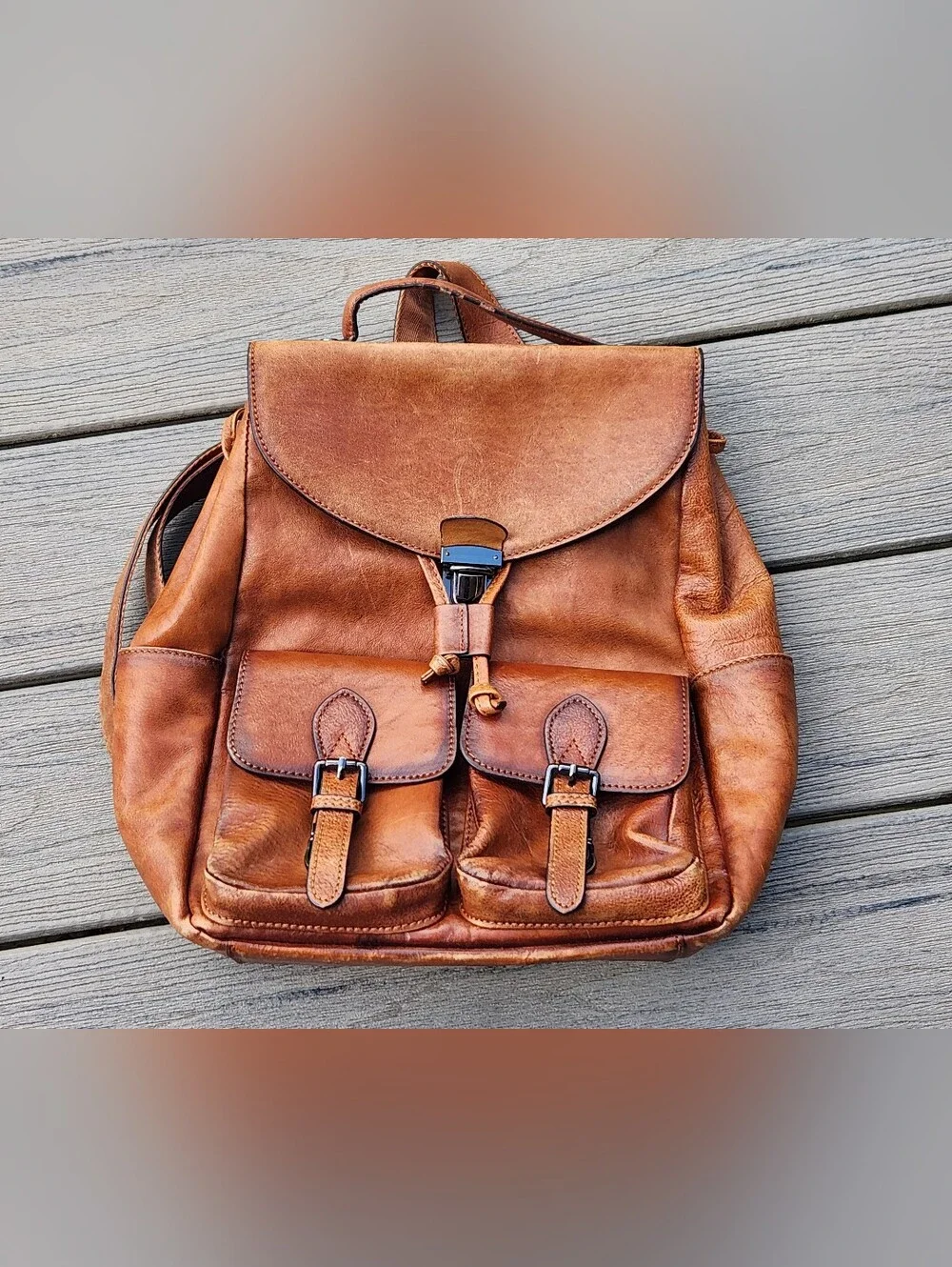 Women's Tan Leather Backpack with Front Pockets